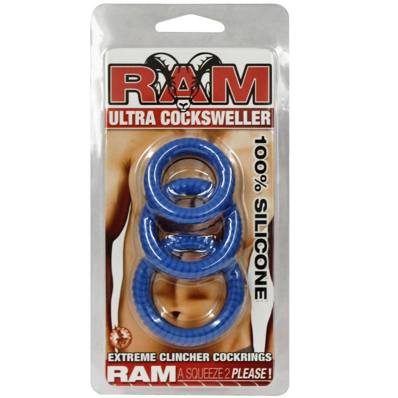Ram Ultra Silicone Cocksweller 3 Cock Rings (Blue) - Royal Sins