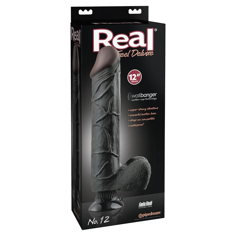 Real Feel Deluxe No. 12 Realistic 12 in. Vibrating Dildo With Balls and Suction Cup Black - Royal Sins