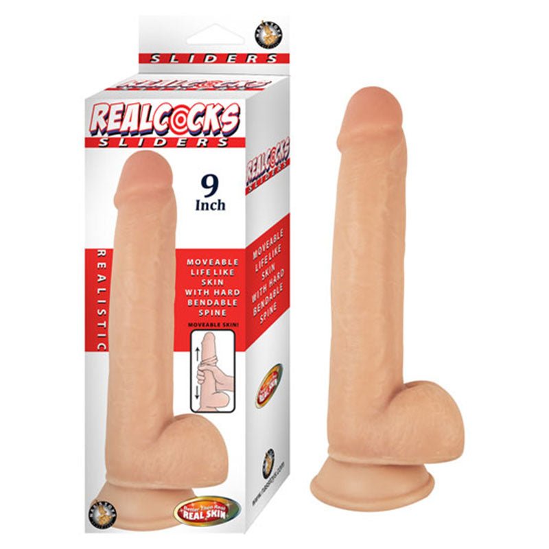 Realcocks Sliders 9in Moveable Skin Bendable Harness Compatible Suction Cup Base Flesh - Royal Sins