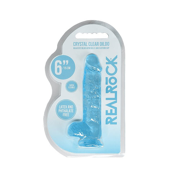 RealRock Crystal Clear Realistic 6 in. Dildo With Balls and Suction Cup Blue - Royal Sins