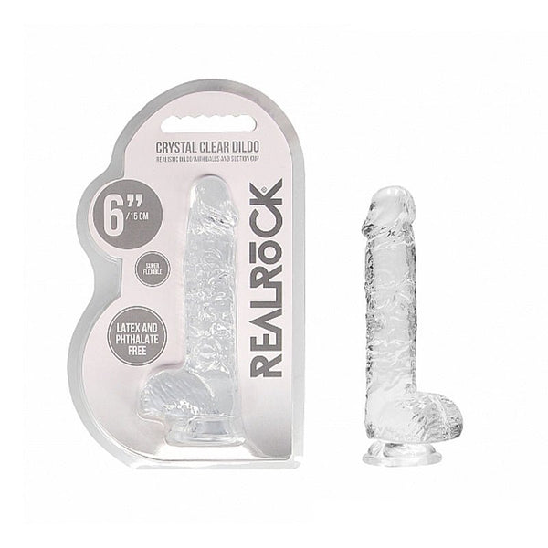 RealRock Crystal Clear Realistic 6 in. Dildo With Balls and Suction Cup Clear - Royal Sins