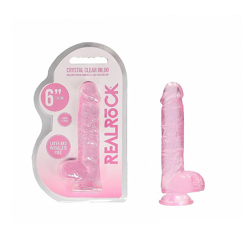 RealRock Crystal Clear Realistic 6 in. Dildo With Balls and Suction Cup Pink - Royal Sins