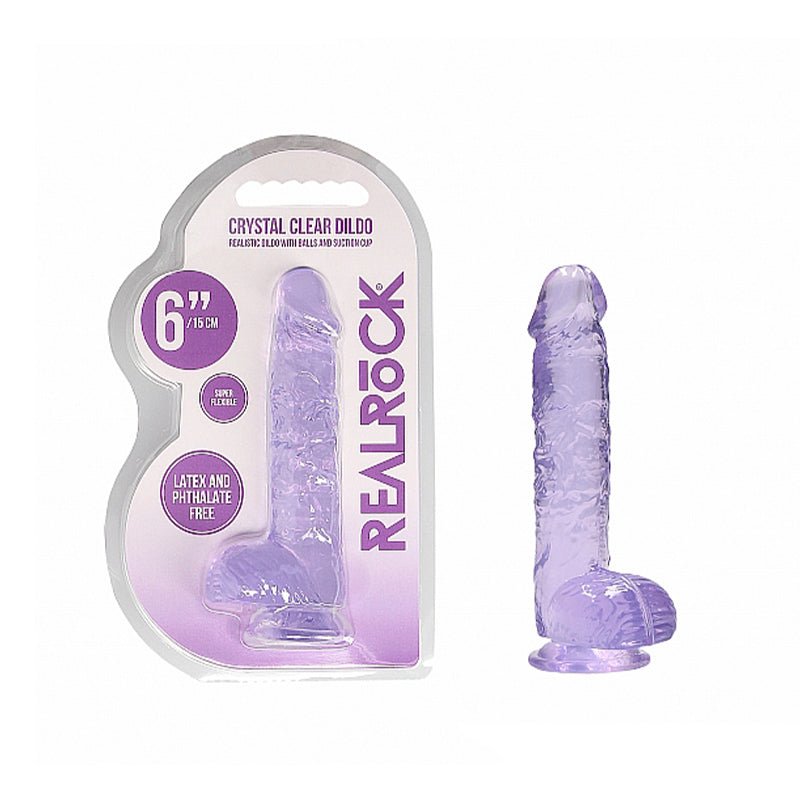 RealRock Crystal Clear Realistic 6 in. Dildo With Balls and Suction Cup Purple - Royal Sins