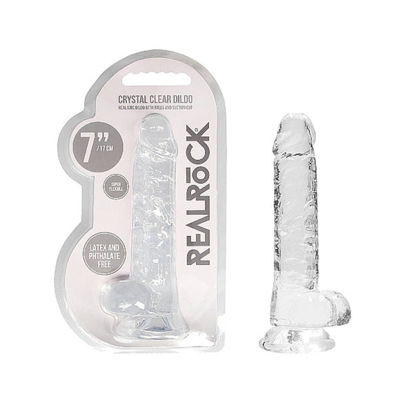 RealRock Crystal Clear Realistic 7 in. Dildo With Balls and Suction Cup Clear - Royal Sins