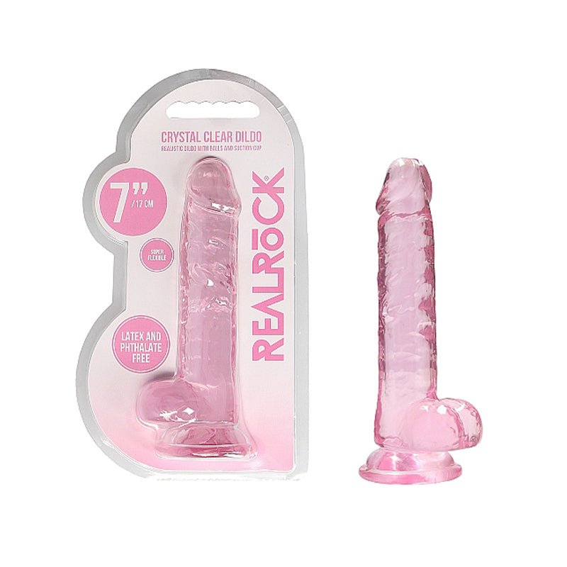RealRock Crystal Clear Realistic 7 in. Dildo With Balls and Suction Cup Pink - Royal Sins