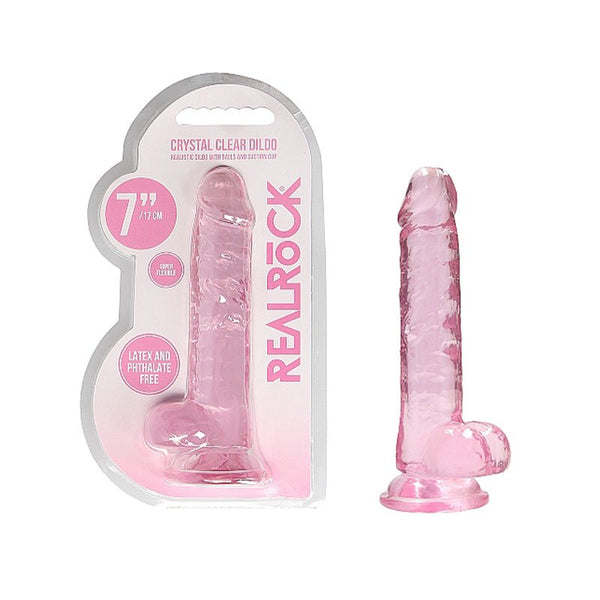 RealRock Crystal Clear Realistic 7 in. Dildo With Balls and Suction Cup Pink - Royal Sins