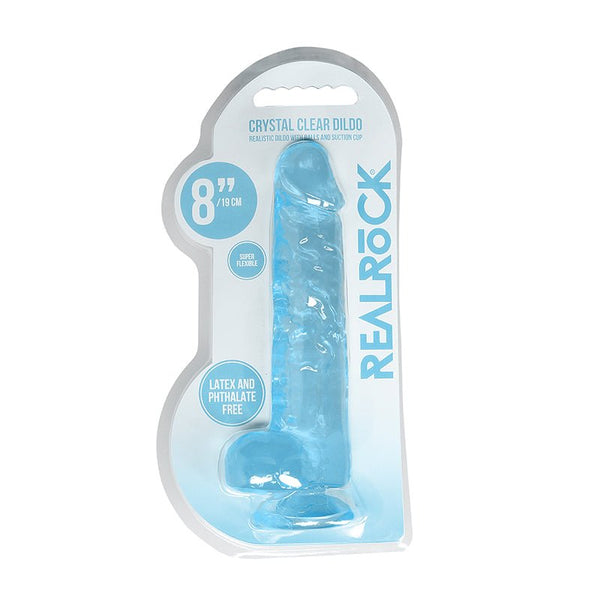 RealRock Crystal Clear Realistic 8 in. Dildo With Balls and Suction Cup Blue - Royal Sins