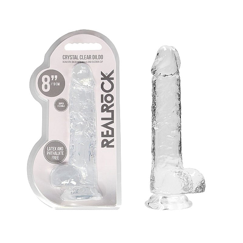 RealRock Crystal Clear Realistic 8 in. Dildo With Balls and Suction Cup Clear - Royal Sins