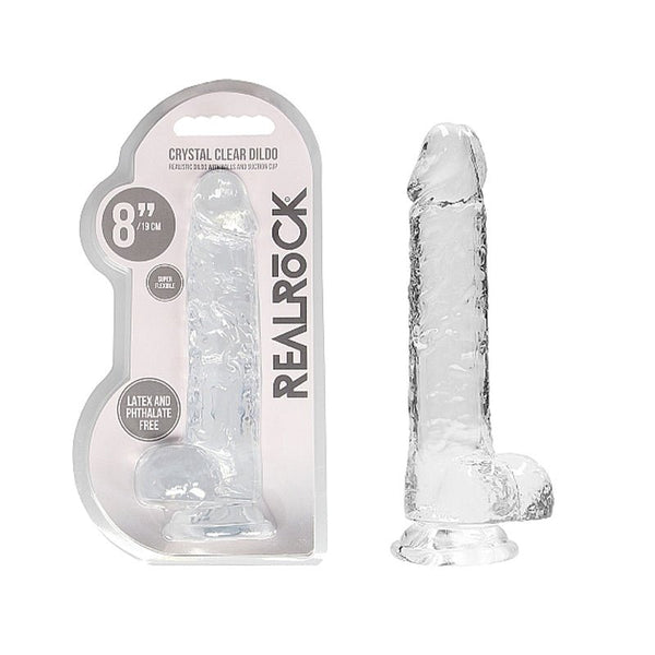 RealRock Crystal Clear Realistic 8 in. Dildo With Balls and Suction Cup Clear - Royal Sins
