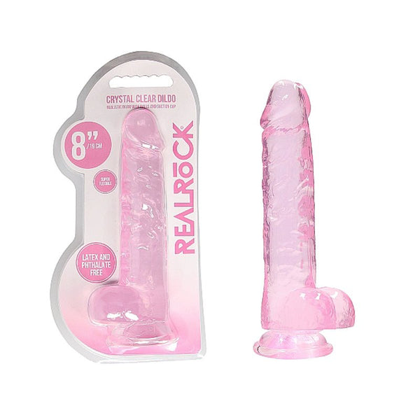 RealRock Crystal Clear Realistic 8 in. Dildo With Balls and Suction Cup Pink - Royal Sins
