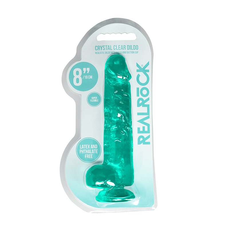 RealRock Crystal Clear Realistic 8 in. Dildo With Balls and Suction Cup Turquoise - Royal Sins