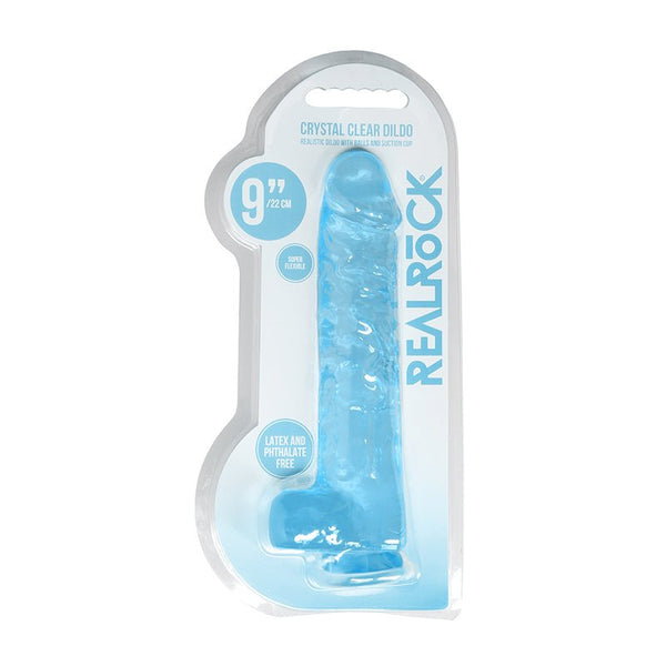 RealRock Crystal Clear Realistic 9 in. Dildo With Balls and Suction Cup Blue - Royal Sins