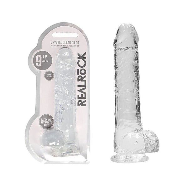 RealRock Crystal Clear Realistic 9 in. Dildo With Balls and Suction Cup Clear - Royal Sins