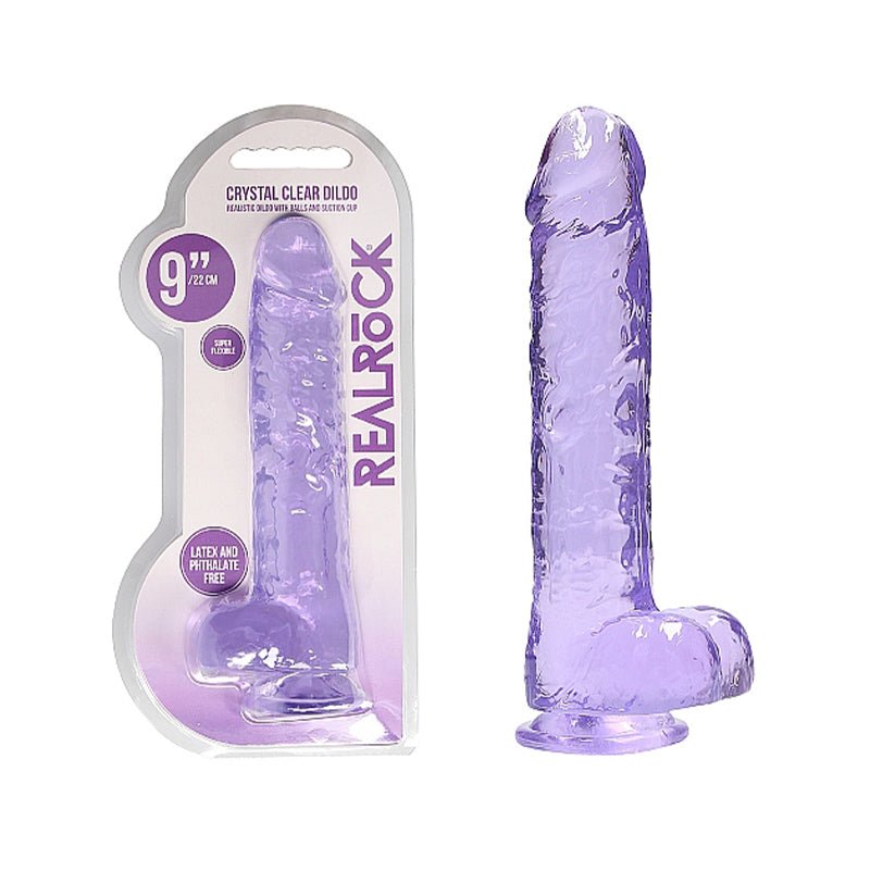 RealRock Crystal Clear Realistic 9 in. Dildo With Balls and Suction Cup Purple - Royal Sins
