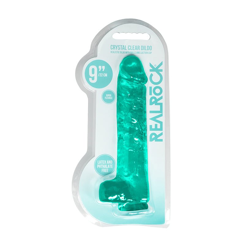 RealRock Crystal Clear Realistic 9 in. Dildo With Balls and Suction Cup Turquoise - Royal Sins