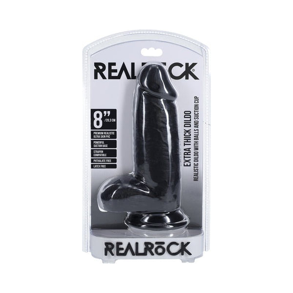 RealRock Extra Thick 8 in. Dildo with Balls Black - Royal Sins