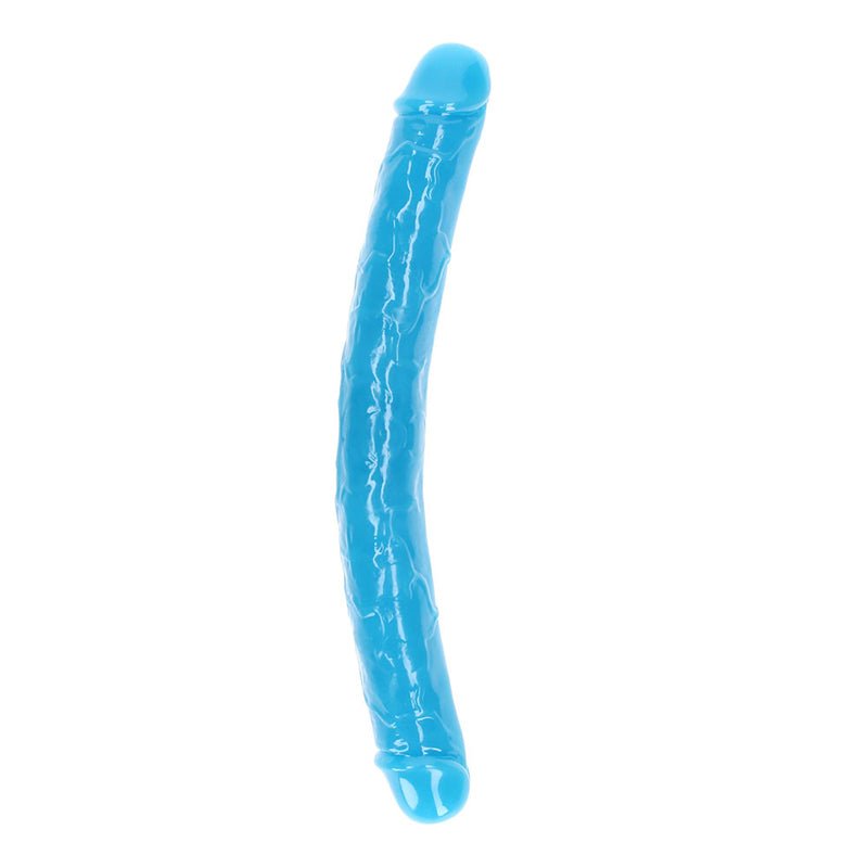 RealRock Glow in the Dark Double Dong 15 in. Dual - Ended Dildo Neon Blue - Royal Sins