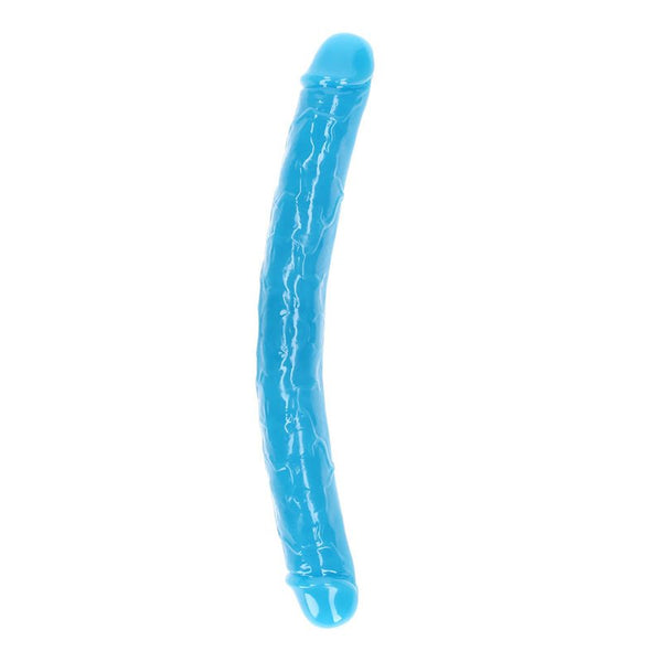 RealRock Glow in the Dark Double Dong 15 in. Dual - Ended Dildo Neon Blue - Royal Sins