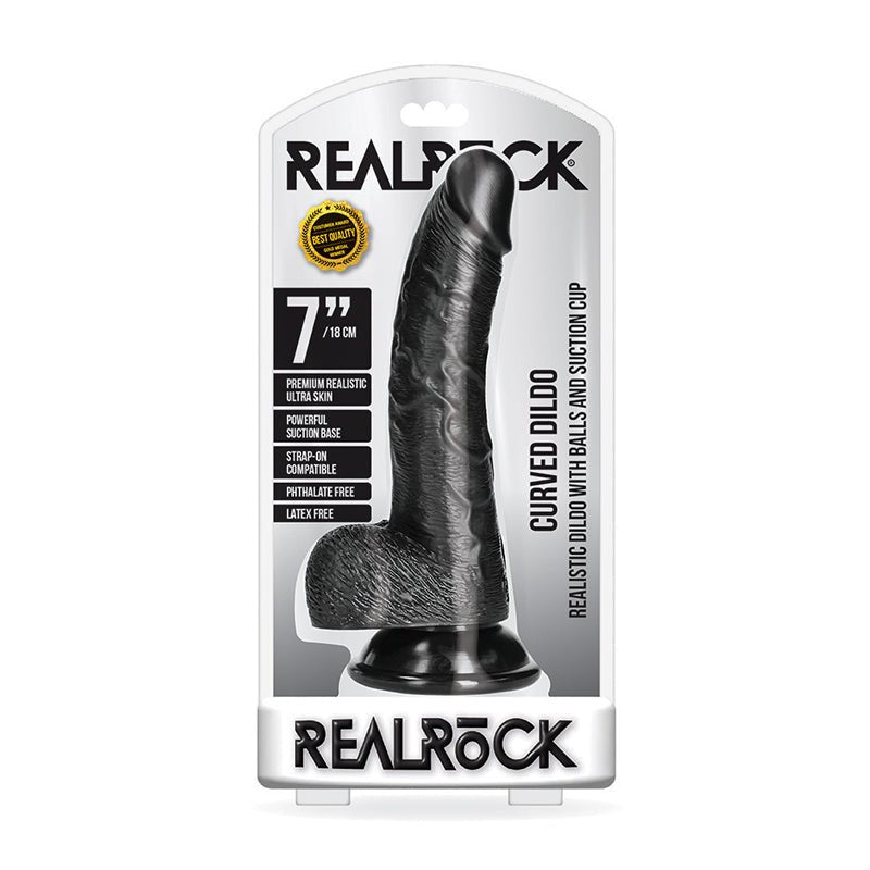RealRock Realistic 7 in. Curved Dildo With Balls and Suction Cup Black - Royal Sins