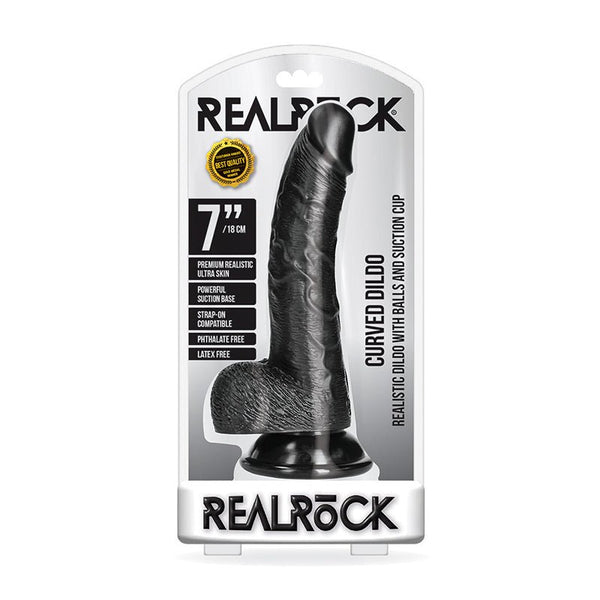 RealRock Realistic 7 in. Curved Dildo With Balls and Suction Cup Black - Royal Sins