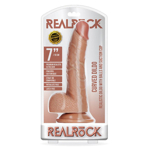 RealRock Realistic 7 in. Curved Dildo With Balls and Suction Cup Tan - Royal Sins