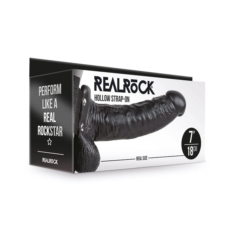 RealRock Realistic 7 in. Hollow Strap - On With Balls Black - Royal Sins
