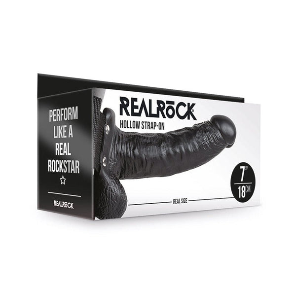 RealRock Realistic 7 in. Hollow Strap - On With Balls Black - Royal Sins