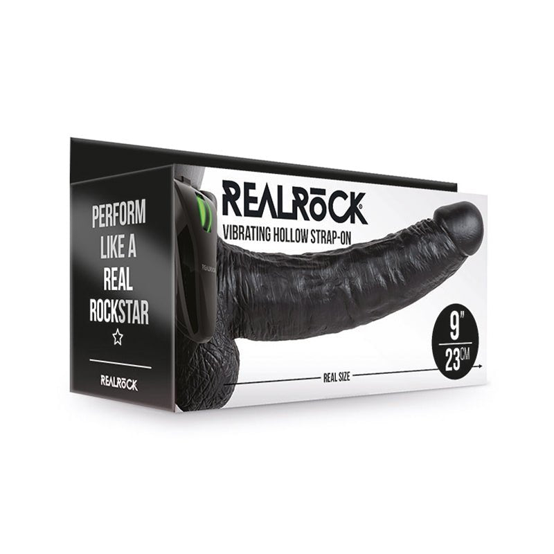 RealRock Realistic 9 in. Vibrating Hollow Strap - On With Balls Black - Royal Sins