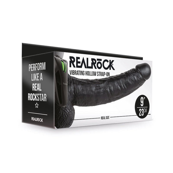 RealRock Realistic 9 in. Vibrating Hollow Strap - On With Balls Black - Royal Sins