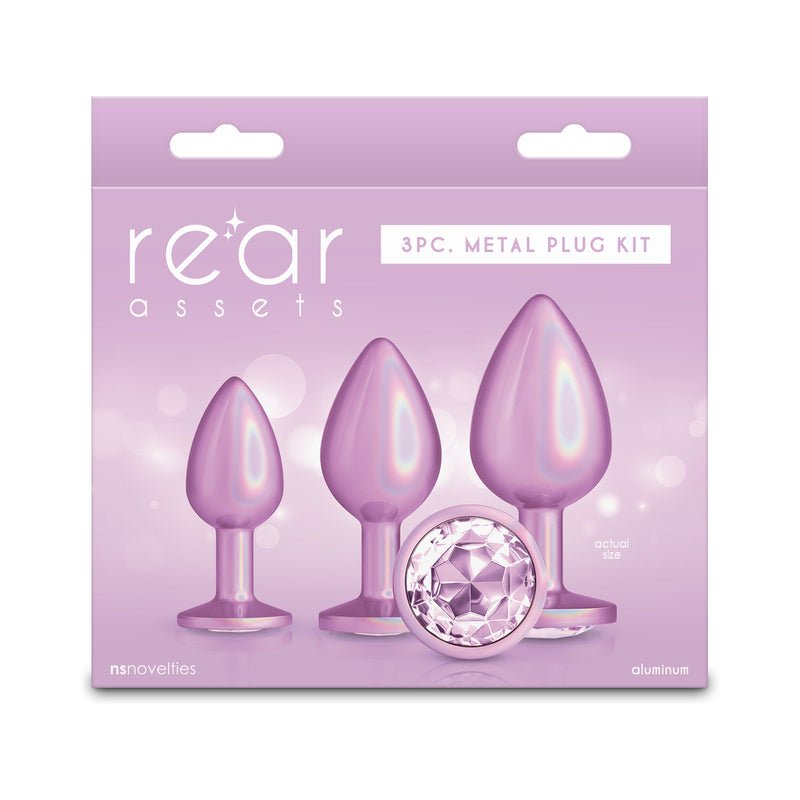 Rear Assets 3 - Piece Metal Plug Kit Iridescent Pink with Pink Gem - Royal Sins