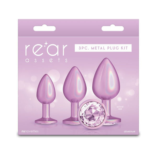 Rear Assets 3 - Piece Metal Plug Kit Iridescent Pink with Pink Gem - Royal Sins