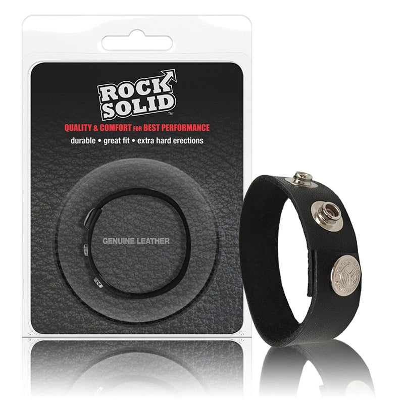 Rock Solid Adjustable Leather 3 Snap Cock Ring (Black) - Royal Sins