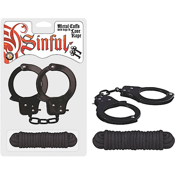 Sinful Metal Cuffs With Keys & 118in. Love Rope (Black) - Royal Sins