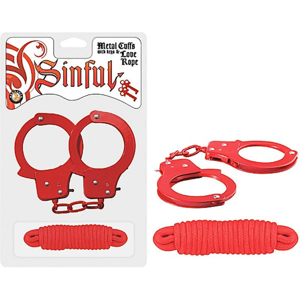 Sinful Metal Cuffs With Keys & 118in. Love Rope (Red) - Royal Sins