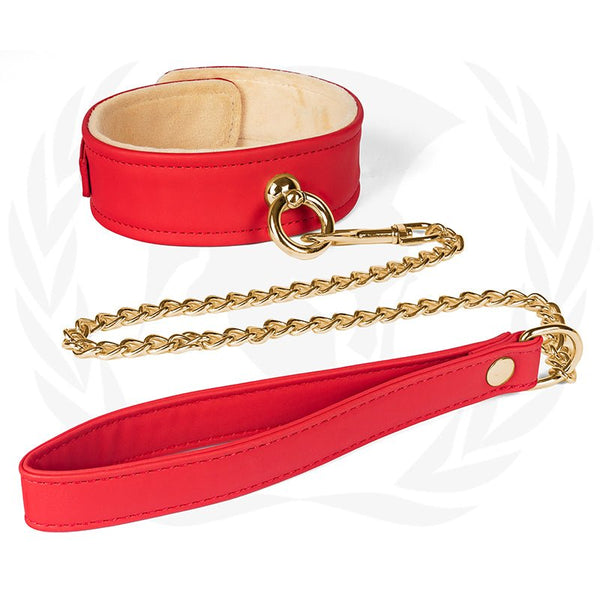 Spartacus Plush Lined PU Red Collar And Chain Leash - Royal Sins