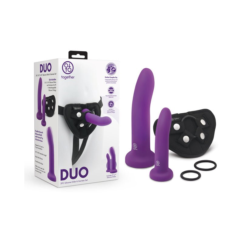 Together Duo Silicone 2 - Piece 5.5 in. & 8 in. Dildo and Harness Set Purple - Royal Sins