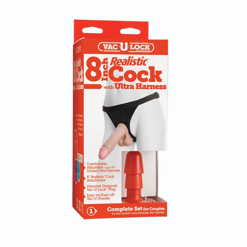 Vac - U - Lock - 8 Inch Classic Dong - With Ultra Harness White - Royal Sins