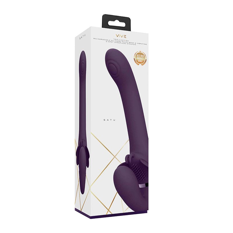 VIVE SATU Rechargeable Triple Motor Pulse - Wave Vibrating Silicone Strapless Strap - On Purple - Royal Sins