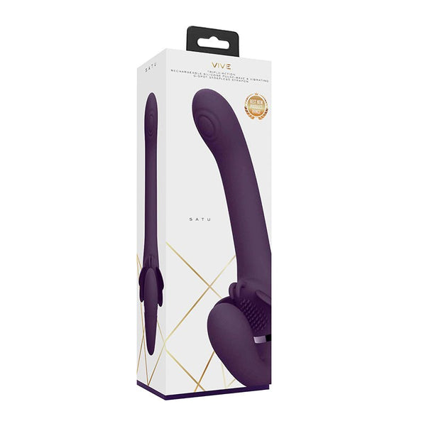VIVE SATU Rechargeable Triple Motor Pulse - Wave Vibrating Silicone Strapless Strap - On Purple - Royal Sins