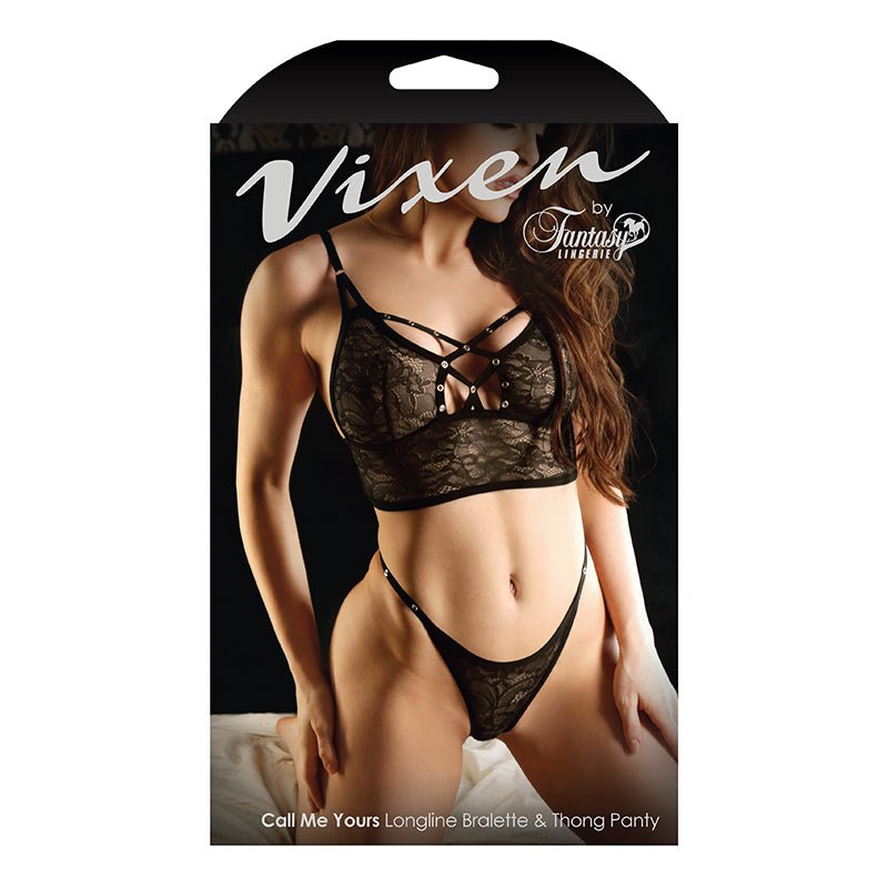 Vixen Call Me Yours Longline Bralette With Grommets & Thong Panty Black L/XL - Royal Sins